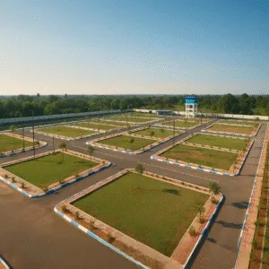 Aerial view of KNS Balaji Enclave residential plots with wide internal roads, approved layout planning, and landscaped green spaces.